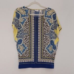 Women's Chico's Blue & Yellow Paisley Cheetah Artsy Lightweight Blouse Size 1
